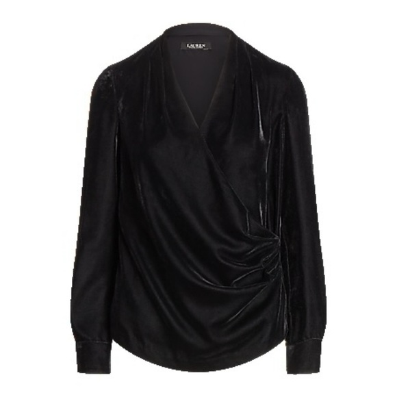 NWT Lauren Ralph Lauren Pleated Velvet Surplice Blouse Black - Picture 2 of 3